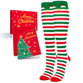HAPPYPOP Christmas Gifts Stocking Socks for Tween Girls - Christmas Striped Knee High Elf Socks Elf Stockings, Red White Green Striped Socks