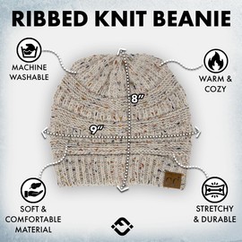 Funky Junque Unisex Ribbed Knit Beanie, Knitted with 100% Soft Acrylic, Warm and Comfortable, Slightly Slouchy and Lightweight, Shaped Beanie - Oatmeal - Confetti