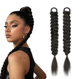 Natural Hair Ponytail Extension, 2pcs Braided Ponytail Extensions Soft Synthetic Natural Hair Pieces for Women Girls Daily Wear (Black)