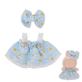 Doll Clothes Set for 15cm & 17cm Dolls, Fresh Style Blue and White Plaid Strap Dress with Bow Clip Cute Outfits & Accessories