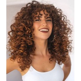 CoCrowns Curly Wig with Bangs for Black Women Long curly Shag Synthetic Hair Wigs Daily Use Cosplay 17 Inch (Ombre Brown)