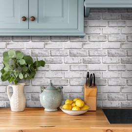 COMSTICKC 3D Peel and Stick Brick Wall Panels, Whitewash Faux Brick Wall Covering,10 Pcs of 12"X12",Small Size Thin PVC 3D Fake Brick Self Adhesive Tile Backsplash Kitchen Living Room Interior Decor