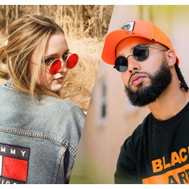 Joopin 2 Pack Hippie Round Sunglasses UV400 Protection, Polarized Black Sun Glasses & Non-Polarized Red Shades for Women Men