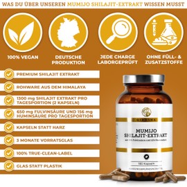 QIDOSHA® Mumijo Shilajit Extrakt, 180 Kapseln im Apothekerglas, 1300mg je Tagesportion, 650mg je Kapsel, mit Fulvinsäure und Huminsäure, deutsche Fertigung, jede Charge laborgeprüft