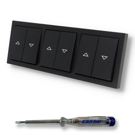EBROM SET IDEE: BUSCH JÄGER 3 x Blind Buttons Roller Shutter Buttons 2020/4 US (2020/4US) Future Linear Black Matt Complete Set with Print Arrow Up/Down + EBROM Phase Tester for Mounting