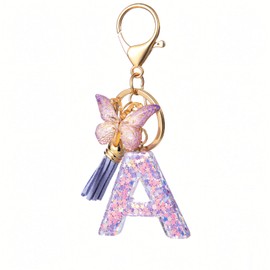 Gisqis Initial Letter Keychains for Women Girls Purple Keychain with Butterfly Purse Charms for Handbags Cute Tassel Keychain