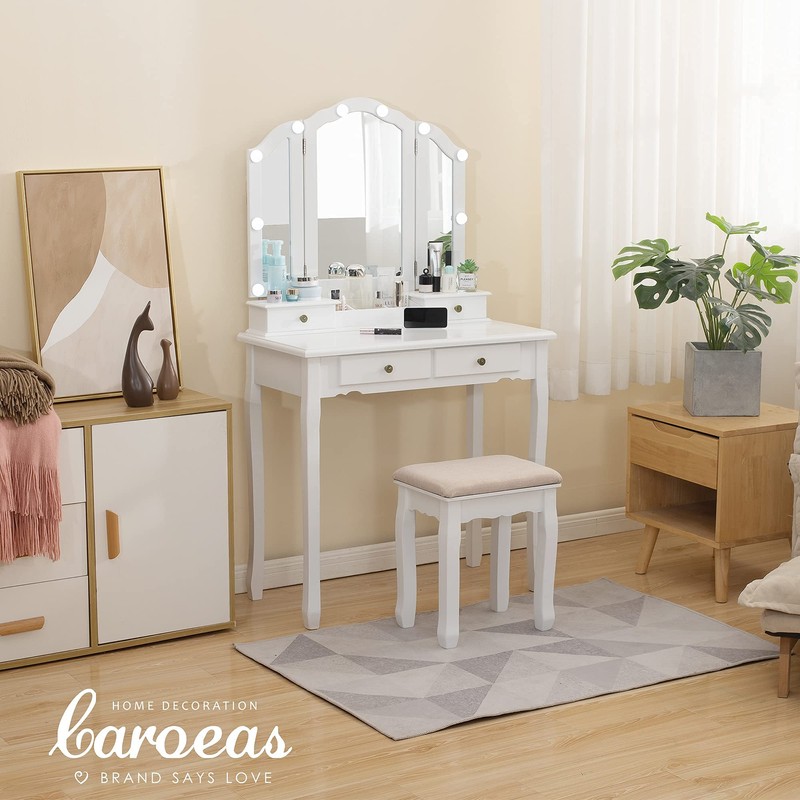 Caroeas Vanity, Tri-Fold Makeup Vanity with Mirror, Lights and Padded