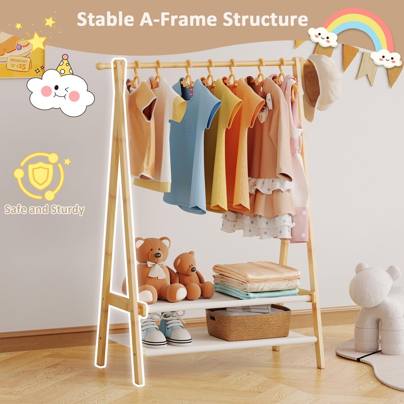 Aetherika Kids Clothing Rack with 2 Fabric Shelves, Foldable Child