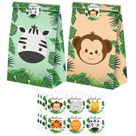 Safari Goodie Bags-24 Pcs Jungle Party Favors Candy Bags with Stickers, Jungle Goody Gift Treat Bags Safari Themed Birthday Party Supplies