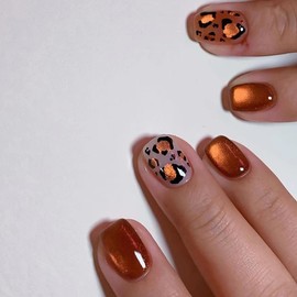 Sparkling Leopard Print Press on Nails Short Square Fake Nails Reddish Brown False Nails Autumn Tangerine Acrylic Nails Full Cover Stick on Nails for Women Girls Party Manicure Decoration 24pcs