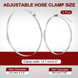 sourcing map 8 Inch Stainless Steel Hose Clamp, Worm Gear Clamp Adjustable 7 5/8"-8 1/2"(194-216mm) Fuel Line Hose Clamps Duct Clamp for Pipe Plumbing Automotive Mechanical (Pack of 5)