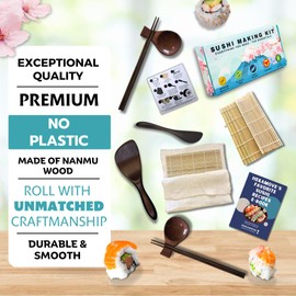 HEKAMOVE No Plastic Premium Sushi Making Kit for Home, for Beginners or Pro Sushi makers. Made of Premium Wood, includes Tea Cloth, Planet-Friendly - the Best Gift and DIY Home Sushi Kit Experience