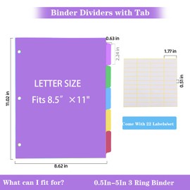3 Set Dividers for 3 Ring Binders,5 TAB Binder Dividers,Plastic, Multicolor Binder separators with tabs