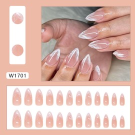 Almond Press on Nails Medium Fake Nails with White Sea Wave Designs Nude Pink False Nails Press ons Acrylic Nails White French Glue on Nails Fall Artificial Stick on Nails for Women 24Pcs