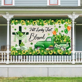Ticuenicoa St. Patrick's Day Banner -Jesus Cross Truck Party Decorations, Not Lucky Just Blessed Photography Background, Happy St. Patrick’s Green Shamrock Irish Banner Photo Props 49.3x39.4 inches