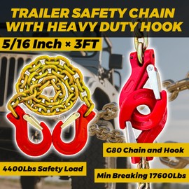 HENBOW Trailer Safety Chains,5/16" × 3FT Tow Chain with Heavy Duty Hook,4400Lbs Safety Working Load,17600Lbs Break Strength,Grade 80 Chain with Slip Hook for Lifting Towing Logging Binding(2 Pack)