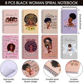 Pasimy 8 Pcs Black Women Notebooks African American Spiral Journal Motivational Notepad for Black Girl Inspirational Hardcover Notebook with 8 Pcs Bamboo Ballpoint Pen for Studying Office School Work