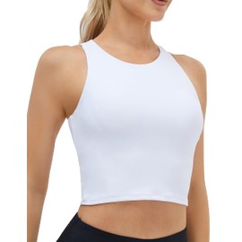Women's High Neck Crop Top Sleeveless Racer Back Basic Workout Tank Tops Shirt White L