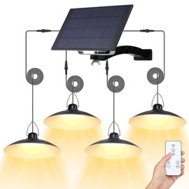 Solar Pendant Lights Outdoor IP65 Waterproof, 4 Heads Solar Powered Shed Lights with On/Off Remote Switch, Dimmable Dusk to Dawn