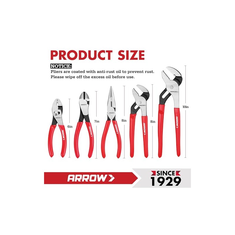 ARROW 5PCS Pliers Set, 6" Slip Joint, 7" Diagonal, 8"