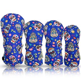 Womens Designer Resort Golf Club Covers 4 Pack - Taboo Fashions Numbered Head Covers for Driver Woods & Hybrid - Weather/Moisture Resistant Protection (Blue Sugar Skulls)