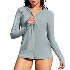 ATTRACO UPF 50 Swimming Shirts Grey Rashguard Women UV Sun Protection Shirts Rainbow Zip Sun Shirt Grey M