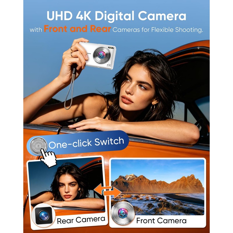 Digital Camera, 4K 64MP Autofocus Compact Camera with Dual Lens(White)