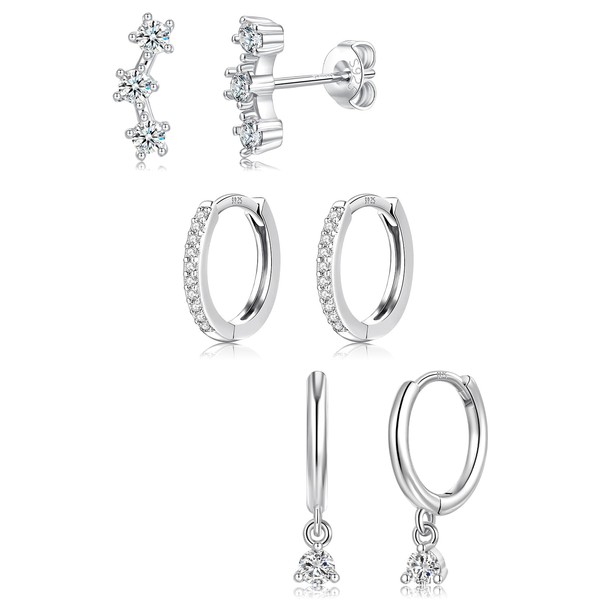 3Pairs Sterling Silver Stud Hoop Earrings Set for Women Girls,
