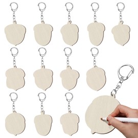 RattanView 24 Pcs Acorn Craft Color Your Own Keychains DIY Craft Wooden Blank Keychains for Sunday School Classroom Home Active Party Favors Gifts, 12 Styles