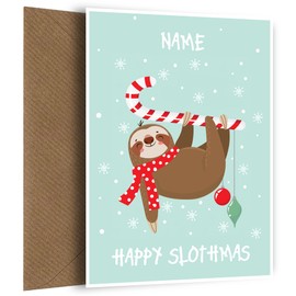 Sloth Christmas Cards for Family - Mum Dad Nanny Grandad Son Daughter Christmas Card - Cute card showing a Sloth with Happy Slothmas