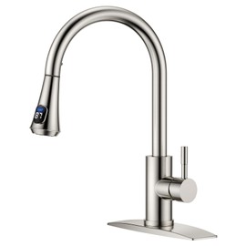 FORIOUS LED Kitchen Faucet with Pull Down Sprayer, Brushed Nickel, Single Handle Modern Stainless Steel Sink Faucet with Temperature Digital Display, Suitable for Farmhouse Camper Rv Bar