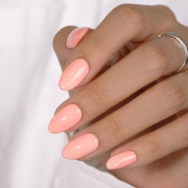 KQueenest Coral Pink Press On Nails Short Oval - Acrylic Press on Nails Short Almond, Sheer Peach Light Pink Fake Nails with Glue, Glossy Opaque, Reusable Soft Gel Glue on Nails for Women, 24 Pcs