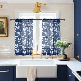XTMYI 30 Inch Length Small Curtains for Bathroom Window Rod Pocket Nautical Country Cafe Leaf Sheer Tier Curtains for Kitchen,30L,Navy Blue and White