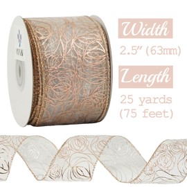 MEEDEE Floral Rose Wired Ribbon 2.5 Inch Rose Gold Rose Ribbon Wedding Bouquet Ribbon Rose Gold Organza Sheer Ribbon 25 Yards Roll Pink Wedding Ribbon For Crafts, Valentine Bow Making, Valentine Decor