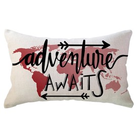 Red World Map Adventure Lumbar Throw Pillow Cover Adventure Awaits Arrow Decor Cabin/Camper Geography Theme Decorative Rectangular/Waist Pillowcases 12 x 20 Inch for Sofa/Couch/Porch (12"×20", Red)