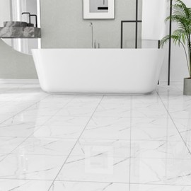 10-Pack Peel and Stick Floor Tiles Vinyl Floor 12 x 12 inch Self Adhesive Waterproof Glossy Flooring Planks DIY for Bathroom, Kitchen, Living Room, RV, Cover 10 Sq. Ft, Polish White Marble