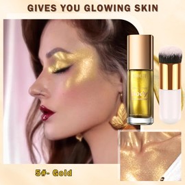 Body Shimmer Oil Shimmer Face Body Oil Luminizer Liquid Highlighter Makeup Moisturizing Smooth Body Glow Illuminator for All Skin Types with Makeup Brush - 05 Gold