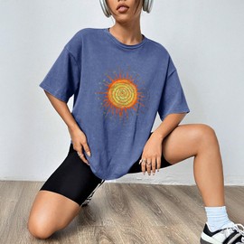 Wrenpies Vintage Oversized Sun Aesthetic Graphic Tees Distressed Band T Shirts for Women Boyfriend Baggy Casual Shirt Tops (Blue,L,Large)