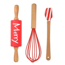 Christmas Holiday Mini Bake Set. Includes mini-Spatula, Whisk and Rolling Pin. Great Christmas gift idea for teachers, and stocking stuffers.