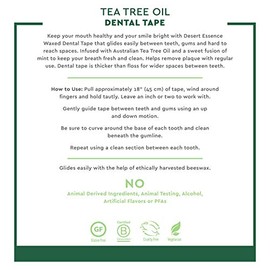 Desert Essence Cinta dental de aceite de árbol de té, 30 yardas, paquete de 6 unidades, encerada naturalmente con cera de abeja, cinta gruesa sin trituración, sobre la marcha, elimina la acumulación de residuos de alimentos, antiséptico sin crueldad