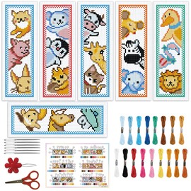ORIGACH Set of 6 Animals Bookmarks, Cross Stitch Kits with Instructions, Pre-Printed Bookmark, Cross Stitch Set for Adults, 20 x 6 cm