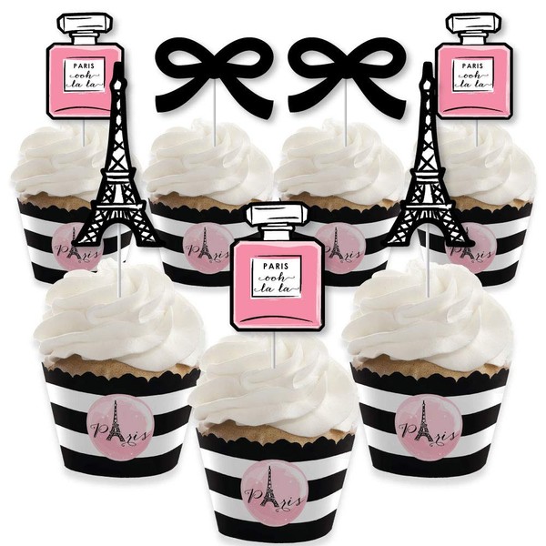 Paris, Ooh La La – Decoración para cupcakes – temática de París Baby Shower o fiesta de cumpleaños Cupcake Wrappers and Treat Picks Kit – Juego de 24