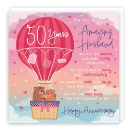 Hunts England - Husband 50th Anniversary Poem Card - Love Is In The Air - Beautiful Love Verse - Cute Bears - Luxury 50th Anniversary Card For Husband - Romantic 50 Years Husband Anniversary Card
