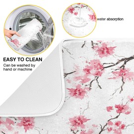 Cherry Blossoms Flowers Dish Drying Mat 18x24 for Kitchen Sakura Branch Pink White Floral Dishes Pad Dish Drainer Rack Mats Absorbent Fast Dry Kitchen Accessories