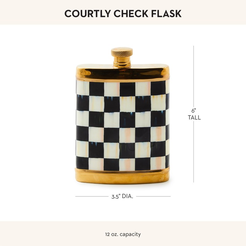 MACKENZIE-CHILDS 3260 Flask, Cute Stainless-Steel Flask, 6 Ounces, Black-and-White Courtly
