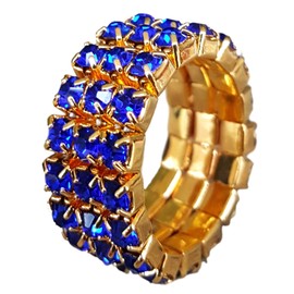 Three Row Rhinestone Stretch Ring for Women by Pashal (Gold - Dark Blue)
