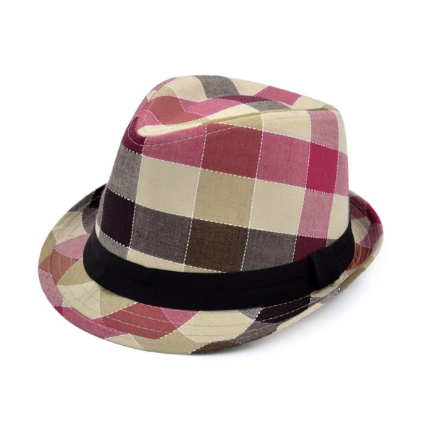 Premium Multi Color Plaid Stitch Black Band Fedora Hat, Camel