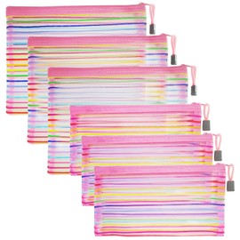 Mesh Bags with Zipper (6 Pack), Nylon Makeup Bag Cosmetic Pouches Travel Organizer Case for Purse Diaper Bag Home Organizing Striped Multi Size Pink