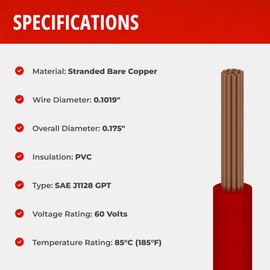 Remington Industries 10STRBLAGPT25 10 AWG Gauge Primary Wire, Stranded Hook Up Wire, 25' Length, Black, 0.1019" Diameter, 60 Volts