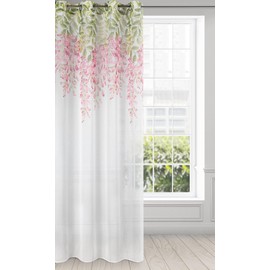 Eurofirany Julieta 382706 Transparent Flower Curtain with Eyelets Light Linen Look Living Room Kitchen Children's Room Bedroom Window Curtain 140 x 250 cm White and Pink